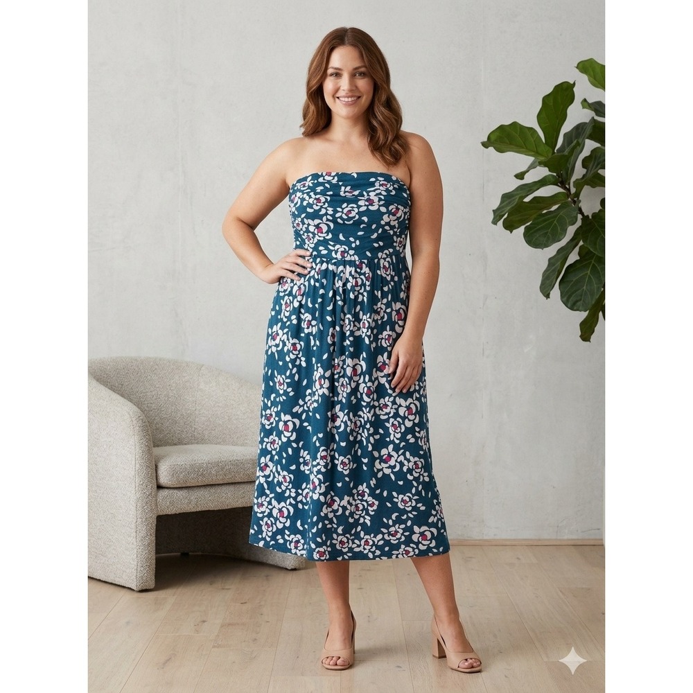 Lane Bryant Women Blue Floral Strapless Ruched Midi Dress Size 14/16 Straps incl